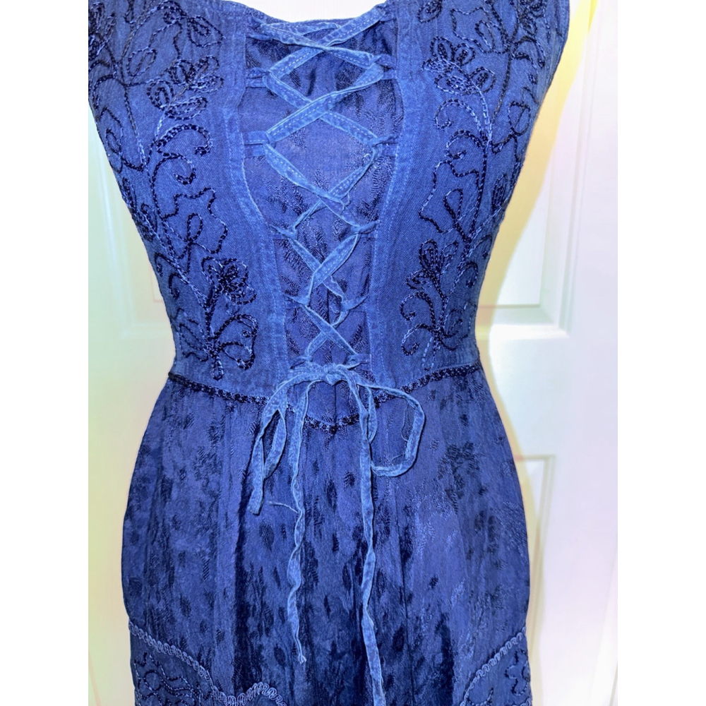 Western Prairie Lace-Up Midi Dress Embroidered Boho Cowgirl Festival - Picture 5 of 10